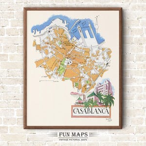 Mapa divertido de Casablanca, África del Norte, vintage, pictórico, caprichoso, caricatura, impresión antigua, ilustración, arte mural africano, regalo, póster de viaje, aventura