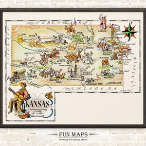 Mapa divertido del estado de Kansas: ilustración vintage con dibujos animados, aventura, decoración de pared, regalo y póster.