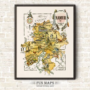 Mapa divertido de Namur na Bélgica, ilustração de impressão de desenho animado vintage pictórico caprichoso | Aventura | Decoração de arte de parede | Presente | Pôster