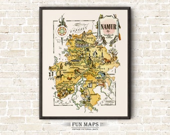 Fun Map of Namur in Belgium, Vintage Pictorial Whimsical Cartoon Print Illustration from 1940’s by Liozu | Wall Art Décor | Gift | Poster