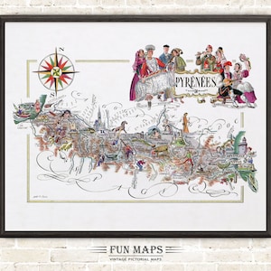 Carte amusante des Pyrénées, une province française, France, FR - vintage pictural fantaisiste dessin animé impression illustration aventure art mural