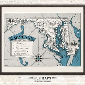 Mapa divertido de Maryland: Ilustración vintage con dibujos animados de Johst, decoración de pared, póster de regalo