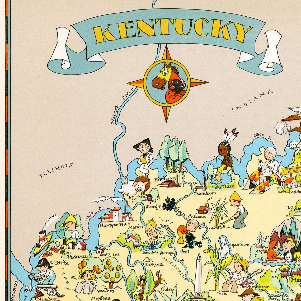 Fun State Map of Kentucky – Vintage Pictorial Whimsical Cartoon Print ...