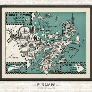 Mapa de la Isla del Príncipe Eduardo, Canadá: Divertida ilustración vintage con dibujos animados, impresiones antiguas, aventuras, arte mural, decoración, póster de regalo.