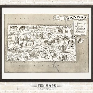 Mapa vintage del estado de Kansas: divertida ilustración pictórica y divertida, ideal para decorar paredes, regalos y pósteres.