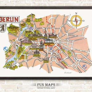 Mapa divertido de Berlín (Alemania, DE): Ilustración vintage con dibujos animados de Adventure Wall Art Décor