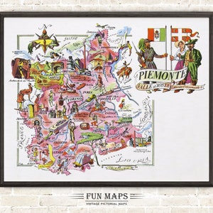 Mapa divertido de Piamonte en Italia, dibujo animado antiguo, ilustración, arte mural italiano, regalo, póster de viaje, mapa de aventuras