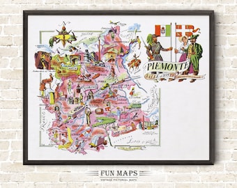 Fun Map of Piedmont in Italy Vintage Pictorial Whimsical Cartoon Old Print Illustration Italian Wall Art Gift Travel Poster Adventure Map