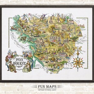 Zabawna mapa Pays DOuest, francuskiej prowincji, Francja, FR - Vintage Pictorial Whimsical Cartoon Print Illustration Adventure Wall Art