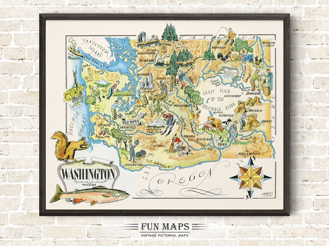 ケンブリッジ ヴィンテージ 絵地図 地図 ポスター ワシントン州の楽しい州地図 – ヴィンテージの絵画風の気まぐれ