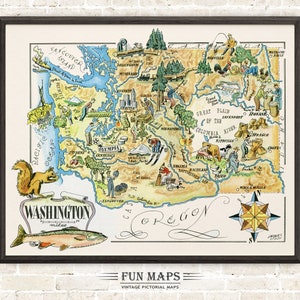 Mapa divertido del estado de Washington: ilustración vintage con dibujos animados, aventura, decoración de pared, regalo y póster.