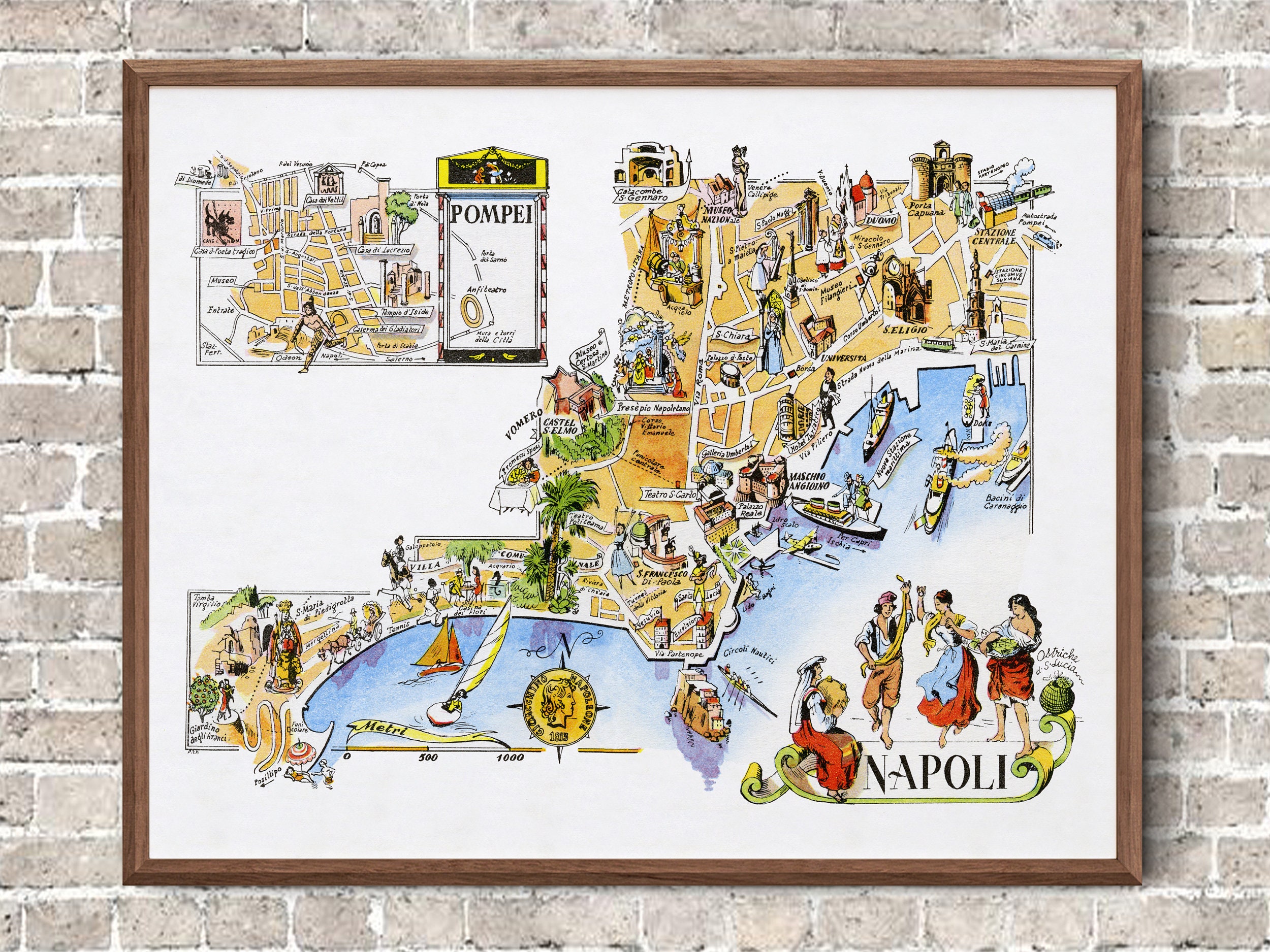 イタリアのナポリの楽しい地図 ヴィンテージの絵入り気まぐれな漫画の