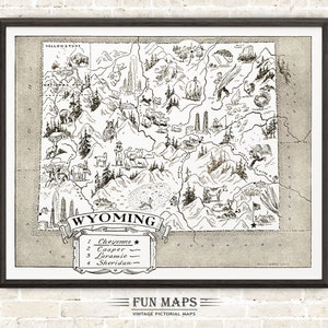 vintage carte de l'État du Wyoming - Illustration imprimée amusante de dessin animé lunatique | Aventure | Art mural décoratif | Cadeau | Affiche