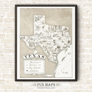 Mapa vintage del estado de Texas: divertida ilustración pictórica y divertida, ideal para decorar paredes, regalos y pósteres.