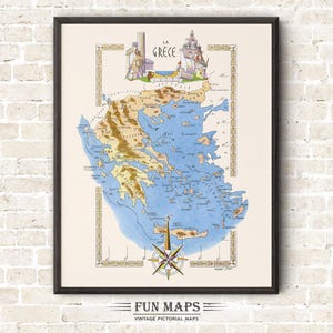 Spaß Karte von Griechenland Vintage Bild skurril Cartoon alte Druck Illustration griechisch Wand Kunst Dekor Geschenk Reise Poster Abenteuer