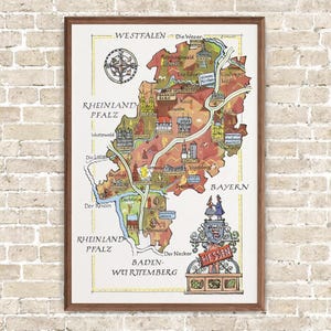 Fun Map of Hessen in Germany, Deutschland, DE - Vintage Pictorial ...