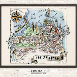 Mapa divertido de San Francisco, California: ilustración vintage con dibujos animados, ilustraciones, aventuras, arte de pared, decoración, póster de regalo.