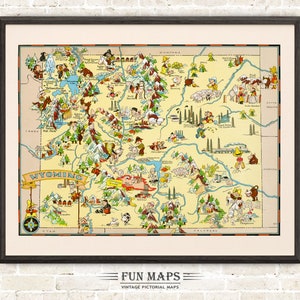 Carte amusante de l'État du Wyoming – illustration vintage d'impression de dessin animé lunatique pictural | Aventure | Poster cadeau déco murale
