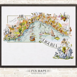Mapa divertido de Liguria en Italia, dibujo animado antiguo, ilustración, arte mural italiano, regalo, póster de viaje, mapa de aventuras
