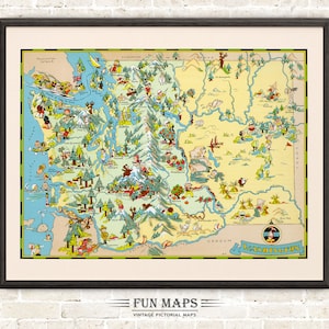Carte de l'État de Washington amusante – illustration vintage d'impression de dessin animé lunatique pictural | Aventure | Poster cadeau déco murale