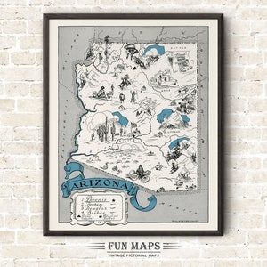 Mapa divertido de Arizona: Ilustración vintage de dibujos animados de Johst, decoración de pared, póster de regalo