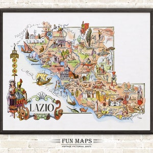 Fun Map of Lazio in Italy Vintage Pictorial Whimsical Cartoon Old Print Illustration Italian Wall Art Gift Travel Poster Adventure Map