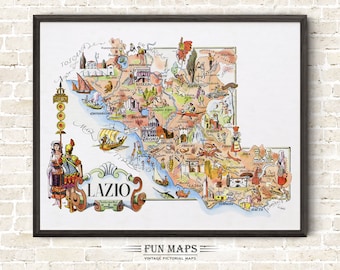 Fun Map of Lazio in Italy Vintage Pictorial Whimsical Cartoon Old Print Illustration Italian Wall Art Gift Travel Poster Adventure Map