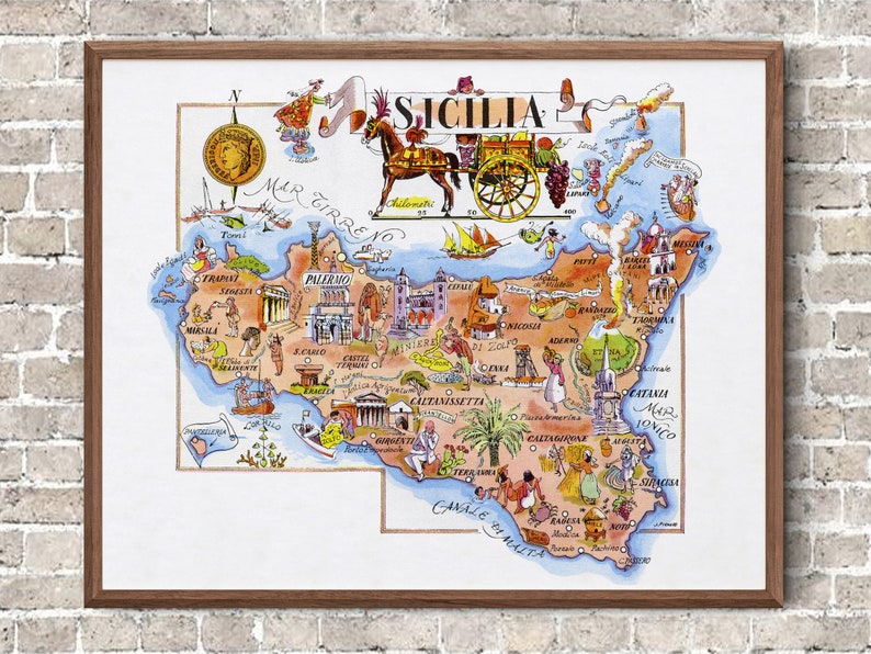 Fun Map of Sicily in Italy Vintage Pictorial Whimsical Cartoon Old Print Illustration Italian Wall Art Gift Travel Poster Adventure Map image 7