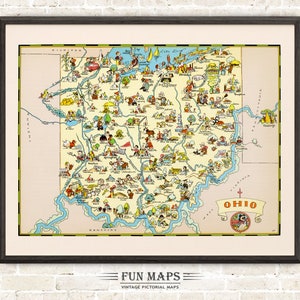 Mapa divertido del estado de Ohio: ilustración vintage con dibujos animados, aventura, decoración de pared, póster de regalo