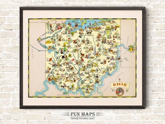 Fun State Map of Ohio – Vintage Pictorial Whimsical Cartoon Print