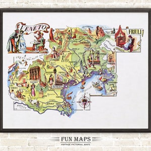Fun Map of Veneto in Italy Vintage Pictorial Whimsical Cartoon Old Print Illustration Italian Wall Art Gift Travel Poster Adventure Map
