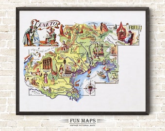 Fun Map of Veneto in Italy Vintage Pictorial Whimsical Cartoon Old Print Illustration Italian Wall Art Gift Travel Poster Adventure Map