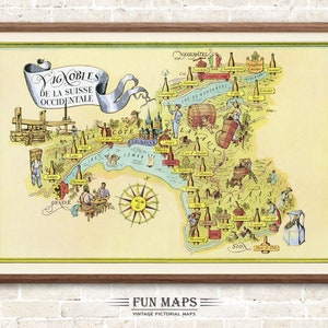 Mapa divertido de los viñedos de la Suiza Occidental en Suiza: ilustración vintage con dibujos animados, arte mural de aventuras.