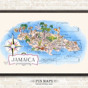 Mapa divertido de Jamaica en el Caribe: ilustración vintage con dibujos animados, aventura, decoración de pared y regalo.