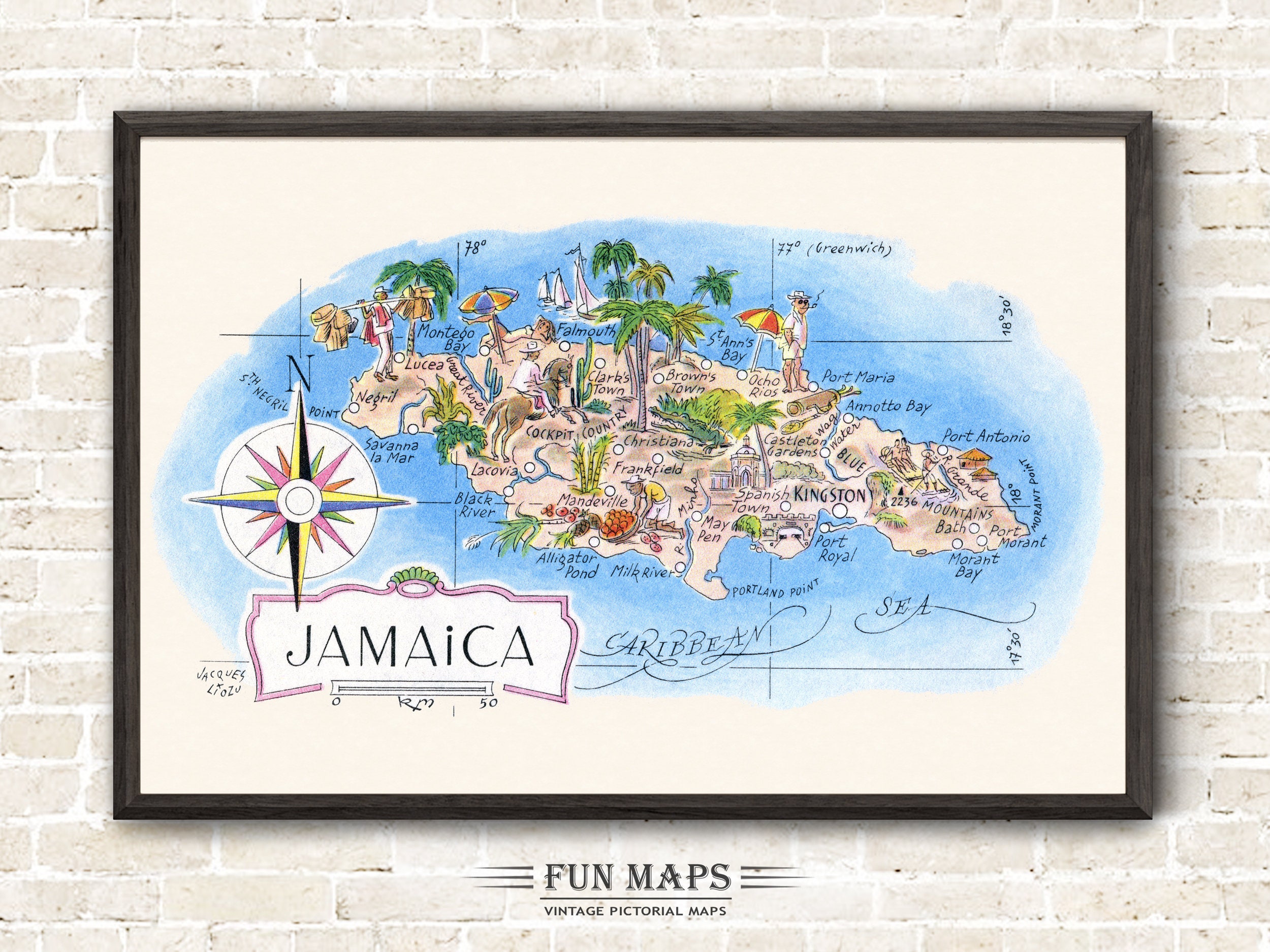 Fun Map of Jamaica in the Caribbean – Vintage Pictorial Whimsical