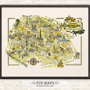 Carte amusante de Bruxelles - Bruxelles centre en Belgique, illustration vintage d'impression picturale fantaisiste | Aventure | Art mural décoratif | Cadeau