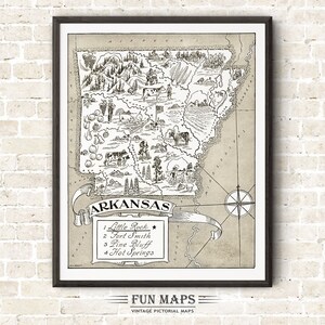 Vintage State Map of Arkansas– Fun Pictorial Whimsical Cartoon Print Illustration | Adventure | Wall Art Décor | Gift | Poster