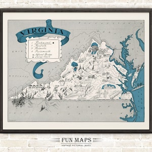 Mapa divertido de Virginia: Ilustración vintage de dibujos animados de Johst, decoración de pared, póster de regalo