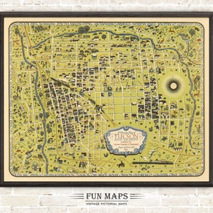 Carte amusante de Tucson, Arizona et ses environs - Vintage dessin animé animé pictural impression ancienne illustration cadeau décoration d'art mural
