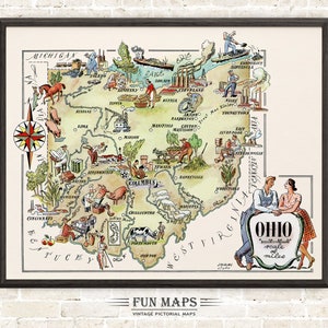 Mapa divertido del estado de Ohio: ilustración vintage con dibujos animados, aventura, decoración de pared, regalo y póster.