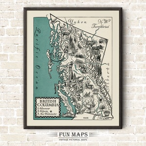 Mapa de Columbia Británica, Canadá: Divertida ilustración vintage con dibujos animados, impresiones antiguas, aventuras, arte de pared, decoración, póster de regalo.