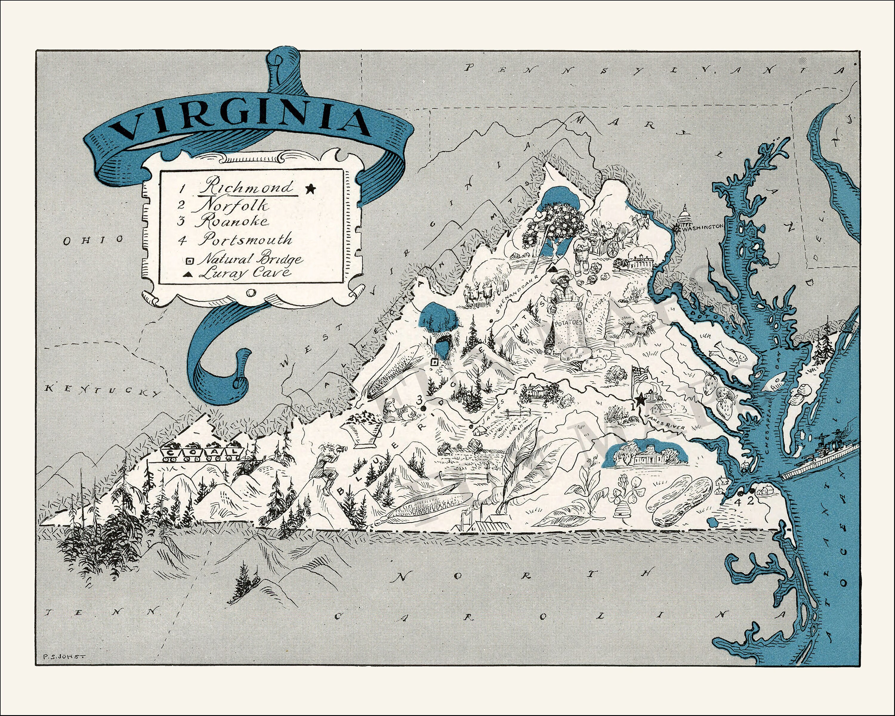 Fun Map of Virginia – Vintage Pictorial Whimsical Cartoon Print ...