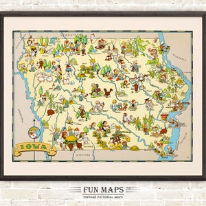 Mapa divertido del estado de Iowa: ilustración vintage con dibujos animados, aventura, decoración de pared, póster de regalo