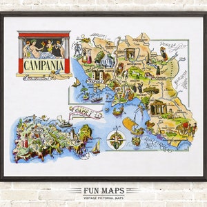 Mapa divertido de Campania en Italia, dibujo animado antiguo, ilustración, arte mural italiano, regalo, póster de viaje, mapa de aventuras