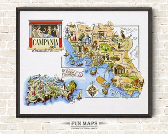 Fun Map of Campania in Italy Vintage Pictorial Whimsical Cartoon Old Print Illustration Italian Wall Art Gift Travel Poster Adventure Map