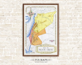 Old Map of the Holy Land in the Middle East, Vintage Pictorial Cartoon Print Illustration, Wall Art Décor Gift Travel Poster