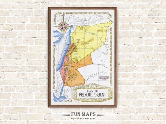 中東の聖地の古地図、ヴィンテージの絵画風漫画プリントイラスト、壁