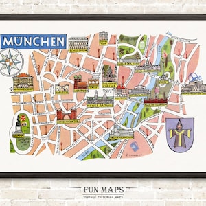 Mapa divertido de Múnich (Alemania, DE): Ilustración vintage con dibujos animados de Adventure Wall Art Décor