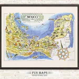 Mapa divertido de México Sur - Sur - Impresión antigua de dibujos animados, ilustración, aventura, arte de pared, decoración, póster de regalo