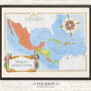Mapa divertido de México - Centroamérica - Impresión antigua de dibujos animados, ilustraciones, aventuras, arte de pared, póster decorativo.